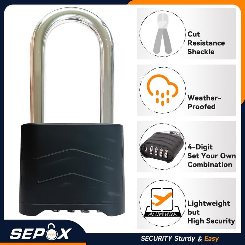 SEPOX 2PCS Large Combination Padlock, 2-5/8" Extra Long Shackle, Outdoor Combo Lock 2.2" 55mm Aluminum Body, Weatherproof, Ressetable 4Digital, Uncuttable Shackle, for Home, School, Gate, Garden - Image 4